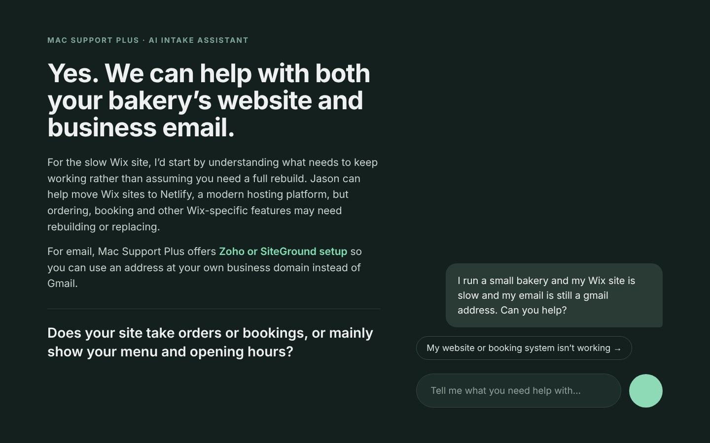 AI intake assistant answering a bakery owner who asked about a slow Wix site and a Gmail address, and asking a follow-up question about their site