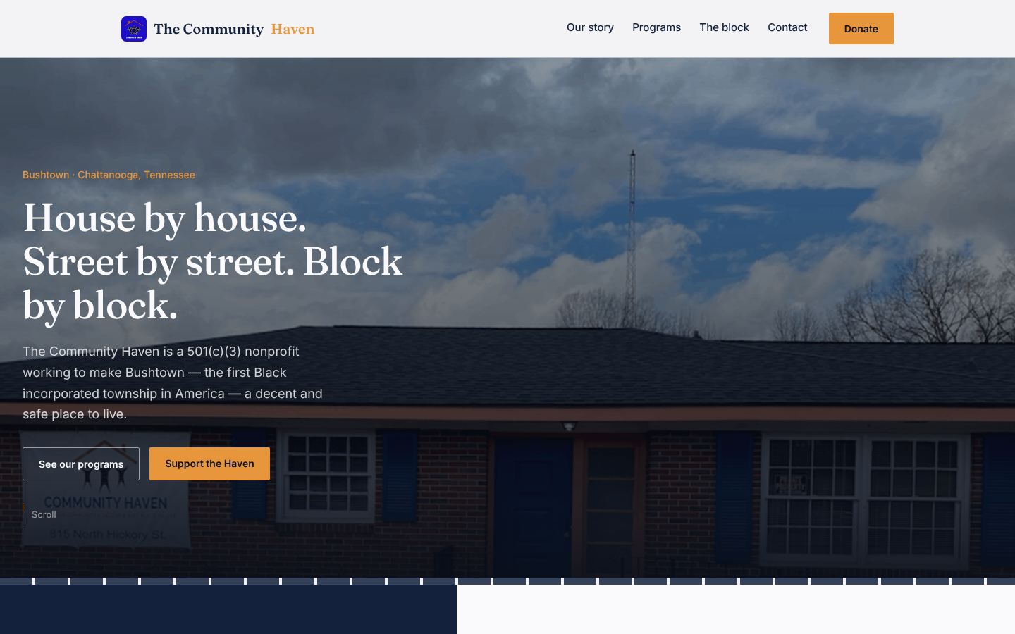 Community Haven homepage: 'House by house. Street by street. Block by block.' over a photo of the Haven building