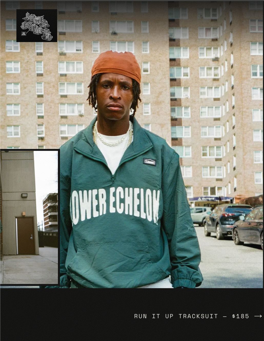 Lower Echelon storefront homepage: a model in a green Lower Echelon track jacket in front of a housing tower