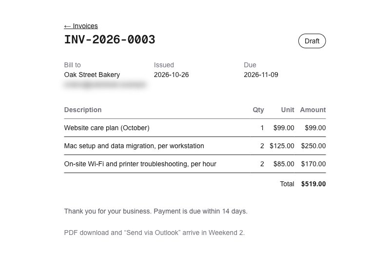 Invoice INV-2026-0003 for Oak Street Bakery: a website care plan, Mac setup for two workstations, and on-site Wi-Fi troubleshooting, totaling $519